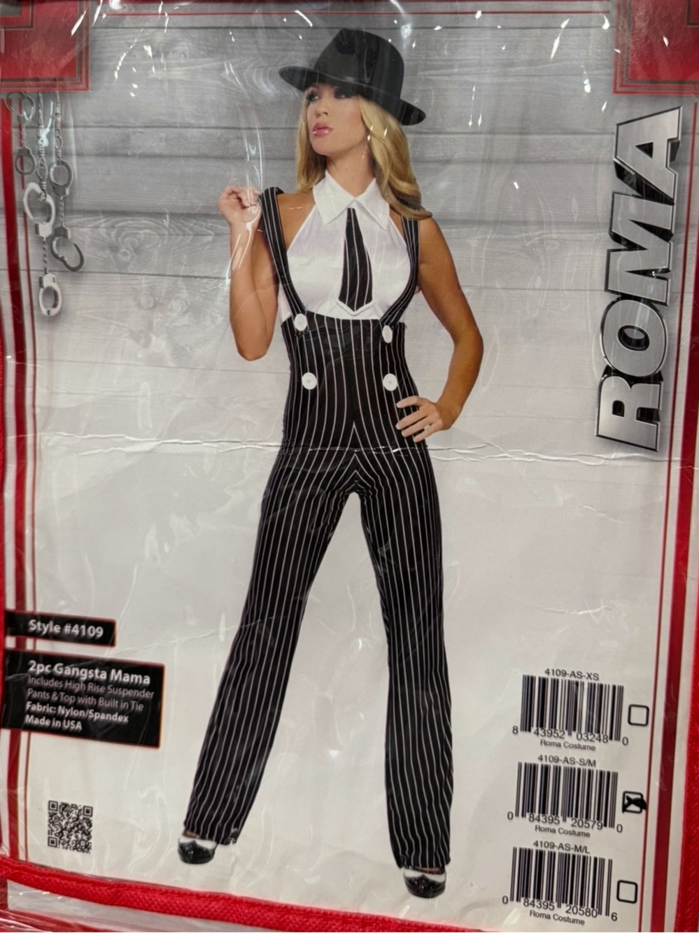Roma Gangsta Mama Costume - Pinstripe Suspender Jumpsuit with Collared & Tie Top